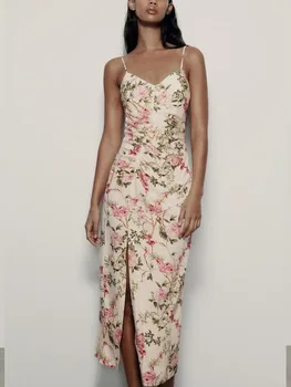 Новое женское летнее модное Уличное платье для отдыха, Милое Льняное Розовое сексуальное платье Миди-камзол с разрезом и цветочным принтом без спинки