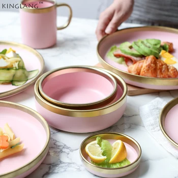 Керамический набор тонких обеденных тарелок розового цвета золотистого цвета для смешивания рисового супа и миски для рамена для леди