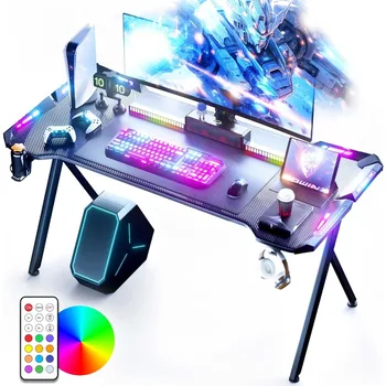 Игровой стол со светодиодной подсветкой, игровой компьютерный стол RGB с поверхностью из углеродного волокна, стол для домашнего офиса со светодиодной подсветкой и дистанционным управлением