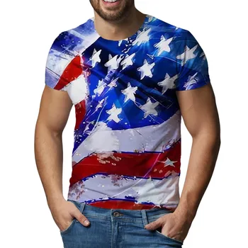 Летние футболки на День независимости Мужские футболки с принтом американского флага с коротким рукавом Свободные футболки с круглым вырезом и негабаритными винтажными мужскими пуловерами