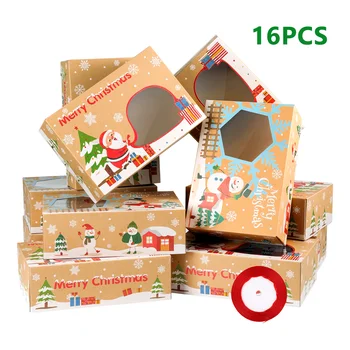 16шт Подарочных коробок для рождественского печенья с окошком Коробки для выпечки из Крафт-бумаги Коробки для рождественских конфет Коробки для вечеринок длиной 22 метра