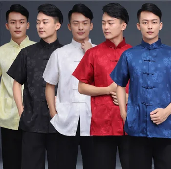 Оптовая продажа, мужская высококачественная атласная рубашка в китайском стиле с короткими рукавами, вышитая одежда Dragon Tang, повседневные топы кунг-фу, рубашки