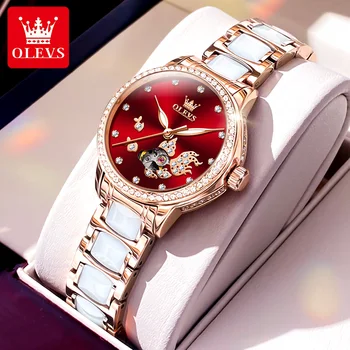 Женские часы OLEVS 7001, роскошные женские часы с бриллиантовым скелетоном, автоматические Механические часы с керамическим ремешком из нержавеющей стали, женские часы Montre Femme