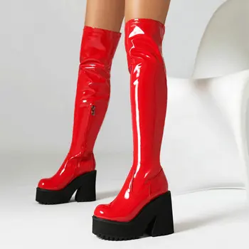 Белый Черный Красный Сексуальная Женская Зимне-осенняя обувь на высоком массивном каблуке, платформа выше колен, Эластичные сапоги из лакированной кожи на молнии, женские