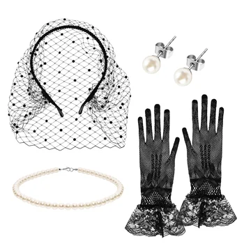 Очаровательная повязка на голову, ожерелье-перчатка, женская черная сетка-вуаль, пластиковые жемчужные серьги-гвоздики