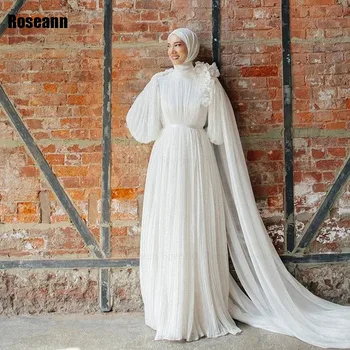 Мусульманские свадебные платья трапециевидной формы с высоким воротником 2024 года, новый дизайн, цветочная аппликация, драпированное платье невесты в складку длиной до пола, свадебное платье-халатик