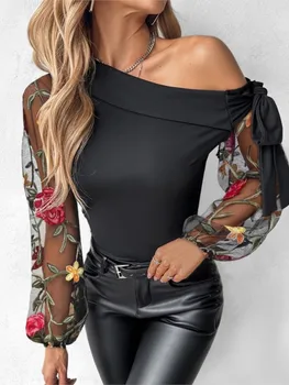 Модная новая футболка 2024, женская блузка с цветочной вышивкой, с прозрачным сетчатым рукавом и бантом, топы, Элегантный топ с косым вырезом и открытыми плечами, сексуальная футболка