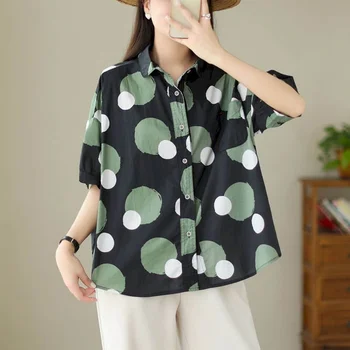 Рубашки для женщин из хлопка с винтажным принтом в горошек, водолазка большого размера, свободный полурукав, однобортная блузка в корейском стиле, женские топы