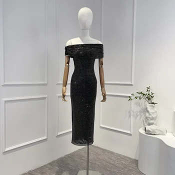 2023 Весна Лето Новейшее высококачественное платье с открытыми плечами Blackshiny Diamonds Bodycon Party Сексуальное платье Миди для модных женщин