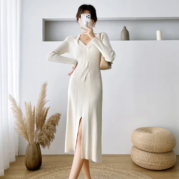 Женское трикотажное платье для утягивания талии и похудения, французский нишевый дизайн осень-зима 2023, плюшевое платье с длинным низом