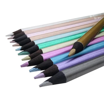 12 Металлических цветов Карандаш для рисования, раскрашенный черным деревом, Карандаши для рисования, канцелярские принадлежности для граффити для школьников 5