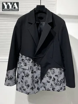 Весеннее повседневное пальто с принтом в стиле пэчворк, мужской готический модный Черный пиджак на одной пуговице, Уличная одежда свободного кроя, мужские Блейзеры, топы. 0