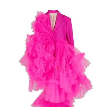 Модные выпускные платья с V-образным вырезом, Розовое макси-платье с оборками, Длинные рукава, Многослойные Пышные Женские Элегантные платья для выпускного вечера, тюль, плиссированный