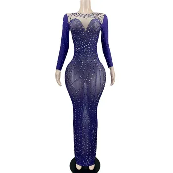 Новое сетчатое сексуальное открытое платье с кристаллами, вечернее платье для дня рождения, танцевальный костюм певицы со стразами