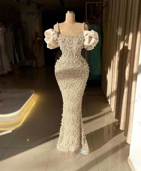 Дизайн Дубая Вечерние Платья с пышными рукавами на бретельках Жемчуг Вечерние платья знаменитостей Vestidos De Cóctel Платье для помолвки