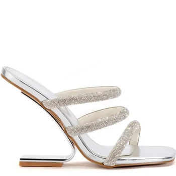 Серебристые Шлепанцы из лакированной кожи на необычных каблуках, женская обувь с открытым носком, Модная обувь на высоких каблуках 2023 года, Zapatos Para Mujere