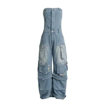 Женский джинсовый комбинезон-карго, брюки-бандо с карманами, свободные джинсы Hot Chick, нерегулярные брюки в стиле пэчворк, затягивающие талию, уличная одежда, брюки