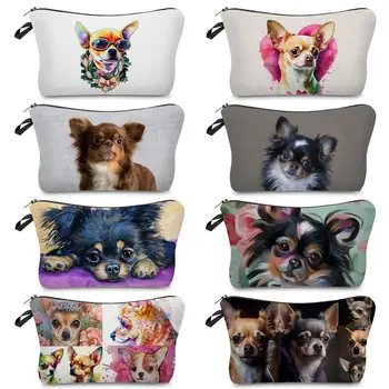 Женская косметичка, дизайнерские сумки для туалетных принадлежностей, портативные практичные косметички с милым принтом чихуахуа, повседневные сумки с рисунком мультяшной собаки-животного