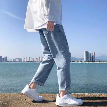 Мужские Корейские модные свободные джинсы с прямой трубкой, повседневные Классические джинсовые брюки Y2k из выстиранного денима