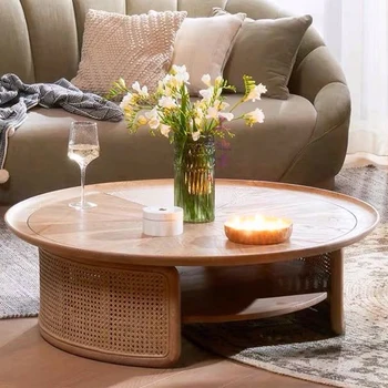 Круглый журнальный столик из ротанга в скандинавском стиле из массива дерева Простой современный креативный журнальный столик для гостиной небольшой квартиры