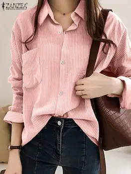 ZANZEA Модная Корейская Женская рубашка в полоску, Осенняя блузка с отворотом и длинным рукавом, Женские Свободные блузы на пуговицах, Повседневные Рабочие топы