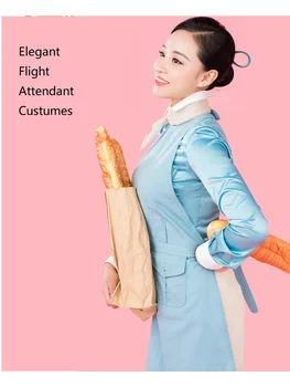 Южнокорейский костюм для собеседования со стюардессой, костюмы, глянцевая рубашка с длинными рукавами, юбка-рубашка с короткими рукавами, Синий фартук 1