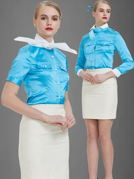 Южнокорейский костюм для собеседования со стюардессой, костюмы, глянцевая рубашка с длинными рукавами, юбка-рубашка с короткими рукавами, Синий фартук 2