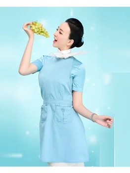 Южнокорейский костюм для собеседования со стюардессой, костюмы, глянцевая рубашка с длинными рукавами, юбка-рубашка с короткими рукавами, Синий фартук 4
