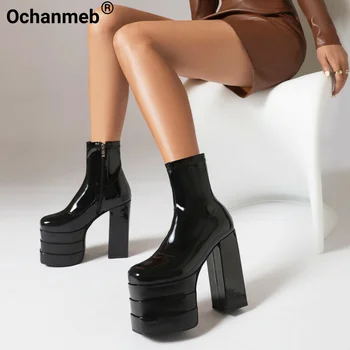 Ochanmeb/ Женские ботильоны на платформе в стиле панк-готика, из яркой лакированной кожи, черные ботинки в готическом стиле на очень высоком толстом каблуке для подиума