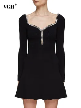 VGH однотонное лоскутное платье с бриллиантами, элегантное платье для женщин, квадратный воротник, длинный рукав, высокая талия, открытые мини-платья, женская мода
