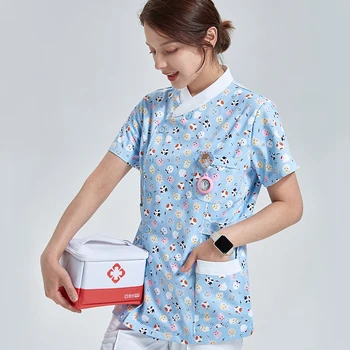 Женская униформа медсестры с принтом, медицинский скраб, скрабы для отделения интенсивной терапии, шелковистая одежда для медсестер в больнице, пальто, наряды 802-YHXG 2