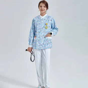 Женская униформа медсестры с принтом, медицинский скраб, скрабы для отделения интенсивной терапии, шелковистая одежда для медсестер в больнице, пальто, наряды 802-YHXG 5