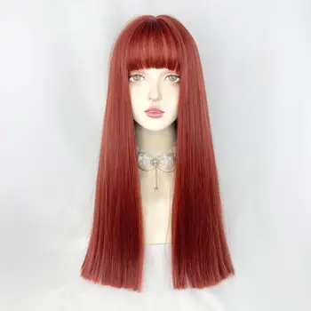 Синтетический парик, женские длинные прямые волосы, вечеринка принцессы Берри Ред Лолиты, имитация человеческих волос, полный головной убор, натуральные модные парики. 4
