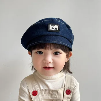 Модный детский берет с вышивкой буквой M в стиле Ретро, джинсовая детская шляпа-тыква, универсальная восьмиугольная кепка в корейском стиле Хип-хоп