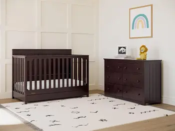 Раскладная кроватка 5 в 1 с выдвижным ящиком (черная) – комбинированная, включает в себя полноразмерное место для хранения в детской, превращается из детской кроватки в кроватку для малышей