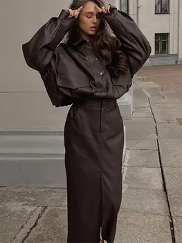 Женский винтажный кожаный комплект юбок из 2 предметов Женская укороченная куртка с лацканами на верхней пуговице Длинные юбки Леди Элегантная модная уличная одежда