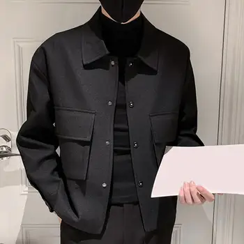 Демисезонное мужское пальто карго Однотонная мужская куртка с длинными рукавами и отложным воротником, однобортная верхняя одежда Уличная одежда