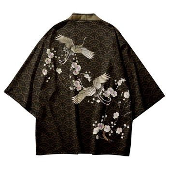 Модное винтажное пляжное кимоно с принтом журавля, женская рубашка-кардиган 2023, летняя японская юката, женская уличная одежда, халат