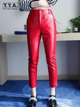 Облегающий крой, женские брюки из натуральной кожи с высокой талией, однотонные брюки длиной до щиколоток, модные женские брюки-карандаш из натуральной овчины