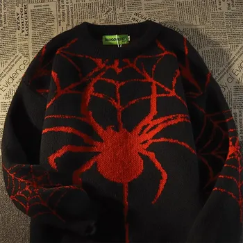 Креативный и веселый Черно-красный паук, винтажная уличная эстетическая одежда Y2K, повседневный женский свитер унисекс большого размера, пуловер