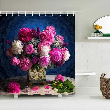Красочные Цветы Занавеска для душа Занавески для ванной комнаты Европейский Ретро Цветок из Водонепроницаемой Полиэстеровой ткани Декор для ванны с крючками