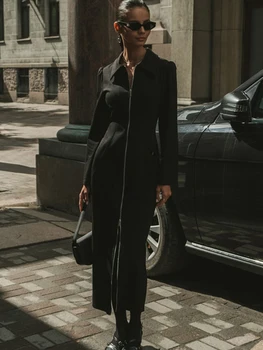 Mumaroho 2023 Женские осенне-зимние офисные платья с длинным рукавом, сексуальное облегающее облегающее однотонное черное платье Миди на молнии, женское платье