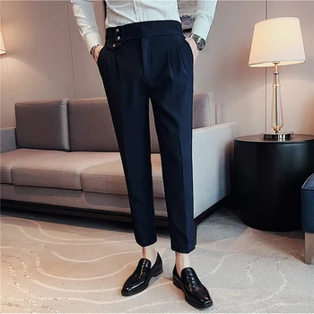 Новые весенне-летние брюки с высокой талией, деловой повседневный костюм, брюки высокого качества, приталенная модная мужская одежда, Официальные брюки Hommes