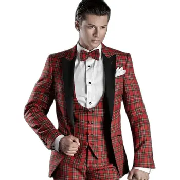 Рождественский костюм в красную шотландскую клетку, мужской костюм, приталенный, классический, с отворотами, для выпускного вечера, мужские костюмы, блейзер, брюки, жилеты из 3 предметов, комплекты жилетов