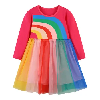 Детское платье в европейском и американском стиле, весенние платья для девочек 2024 года, платье принцессы с длинными рукавами и круглым вырезом, радужное платье принцессы