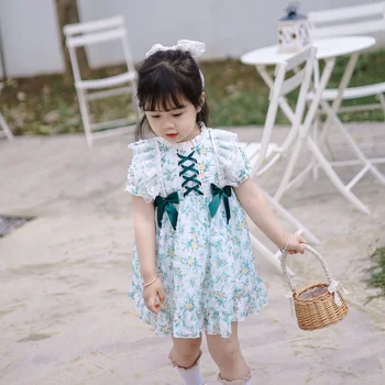 Летняя новая детская одежда 2022 года, простое платье с коротким рукавом и цветочным рисунком для девочек, детская юбка в испанском стиле