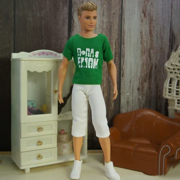 1/6 Комплект кукольной одежды для мальчика Кена, наряды для куклы, зеленая футболка с алфавитом, белые укороченные брюки для парня Барби, аксессуары для Кена