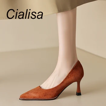 Туфли-лодочки Cialisa с острым носком, Новинка весны 2023 года, женская замшевая обувь ручной работы, женская обувь без застежки на тонком высоком каблуке, черная
