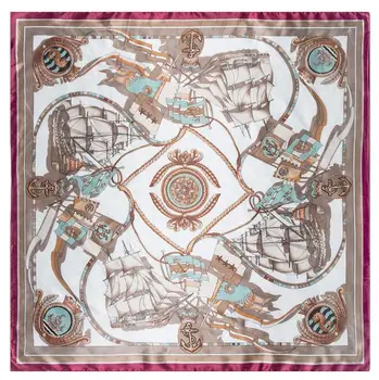 90 * 90 см Роскошный Брендовый женский шелковый шарф Ручной рисунок Дизайн парусной лодки Квадратные шарфы Весенне-летние шали для дам