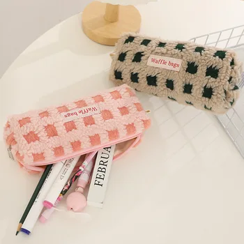 Кавайный мешочек для карандашей, маленькие Студенческие канцелярские принадлежности, плюшевая сумка для ручек с вафельным ягненком, Японская сумка для хранения школьных принадлежностей